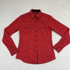 Cruel Girl Red Crackle Print Western Snap Shirt Pearl Snap Cowgirl Women's M